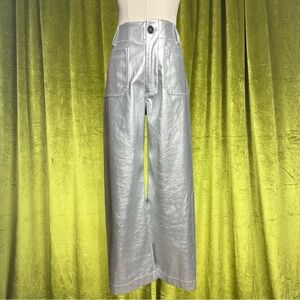 Maeve by Anthropologie Metallic Silver High Waisted Wide Leg Pants Size 26
